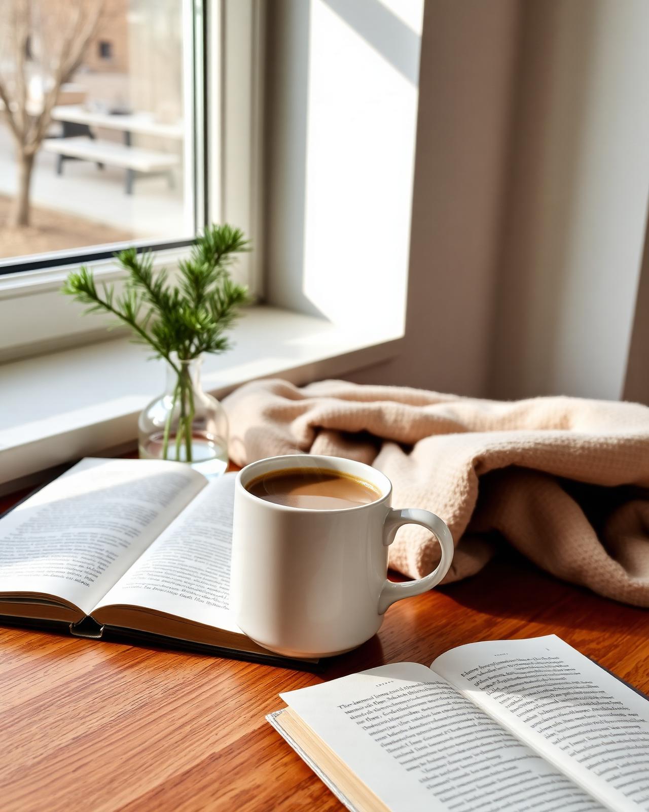 Café fumant au bord d'une fenêtre, livre ouvert et branche de sapin