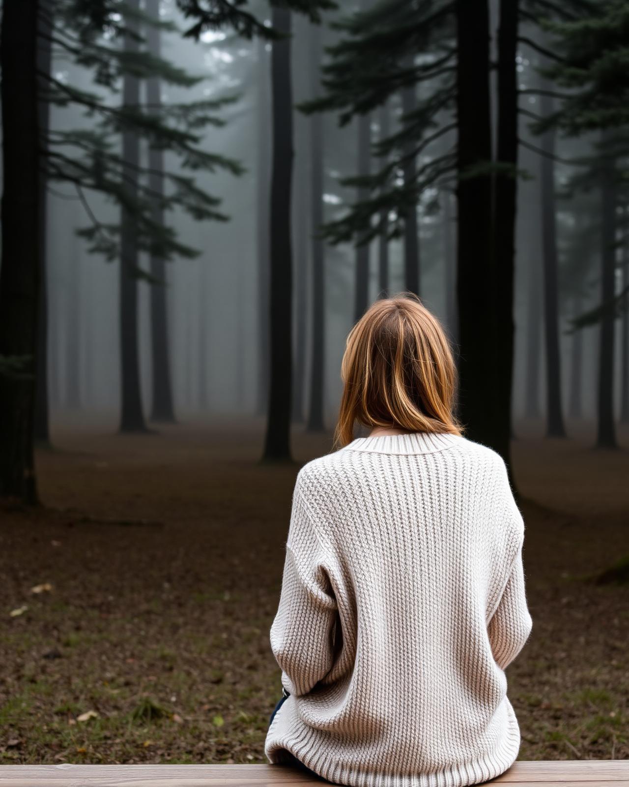 Silhouette en pull crème face à une forêt brumeuse